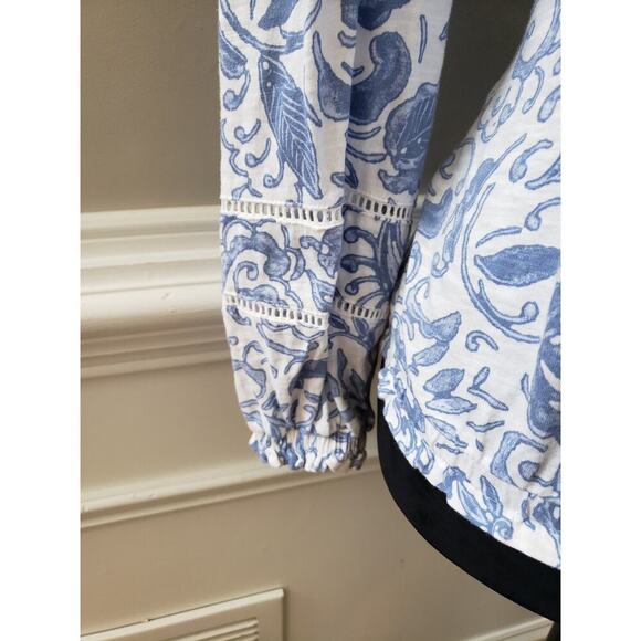 Women's INC Concepts Blue White Floral Print Top V Neck Drawstring Hem Small - Picture 5 of 13